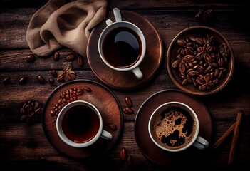 Coffee cups and coffee beans on wooden background. Generative AI