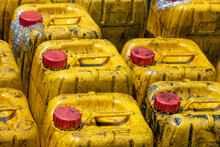 Stock Of Dirty Plastic Jerry Cans