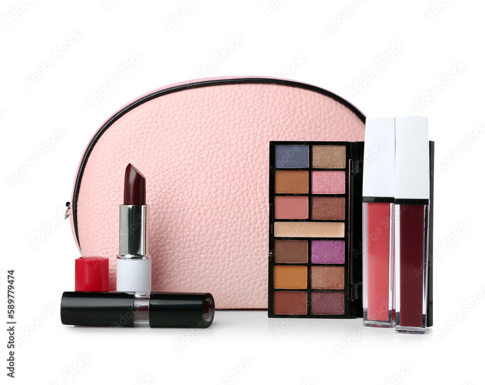 Cosmetic bag with lipsticks and eyeshadows on white background