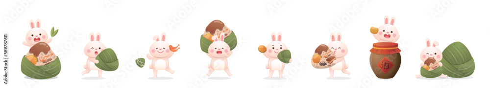 Cute rabbit with Chinese Dragon Boat Festival traditional food Zongzi ...