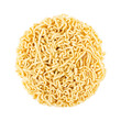 Ramen noodles isolated on white background. Round block of instant noodles, top view.