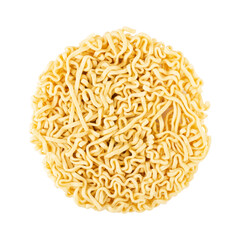 ramen noodles isolated on white background. round block of instant noodles, top view.