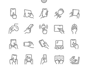 Using technology. Hands holding smart devices. Smartphone, tablet, smart watch, console, graphic tablet, laptop. Pixel Perfect Vector Thin Line Icons. Simple Minimal Pictogram