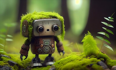 A cute tiny modern robot is strolling through the woods, its body is constructed of green moss. Generative AI