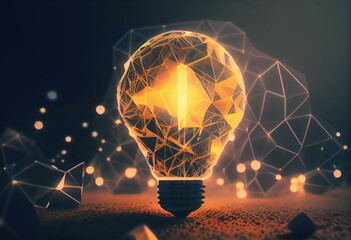 Polygon idea light bulb on blockchain technology network hud background. Global cryptocurrency blockchain business banner concept. Lamp symbolize inspiration, innovation, invention,. Generative AI