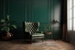 © Azar - Modern interior of living room with armchair and cabinet on dark green colour wall background. | Luxury dark living room design, green furniture on grey wall in modern design,Generative AI