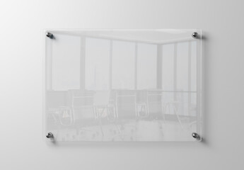 Wall Mural - Transparent glass sign plate on white mockup. Template of a blank plastic business signboard on empty texture. 3D rendering