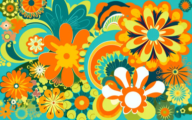 Colorful ‘70s Retro Style poster art with flowers, and psychedelic wavy shapes, colors in orange, pale blue, yellow and greens. Background texture. Illustrative Generative AI.	