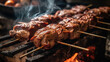 kebab meat on skewers in front of the grill