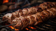 kebab meat on skewers in front of the grill