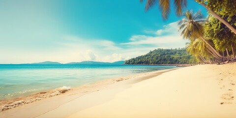 Poster - Summer landscape background with palm tree and sea.Colorful summer template. Concept of recreation. Generative AI