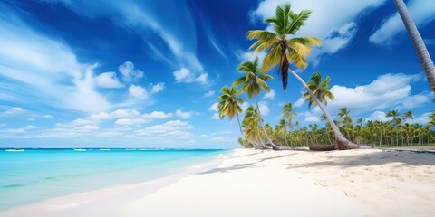 Poster - Summer landscape background with palm tree and sea.Colorful summer template. Concept of recreation. Generative AI