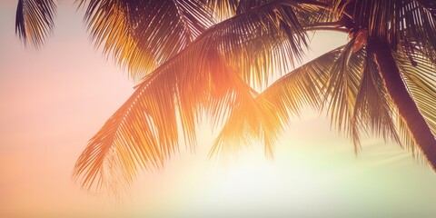Poster - Summer landscape of palm trees and sky in retro style.Colorful summer template. Concept of recreation. Generative AI