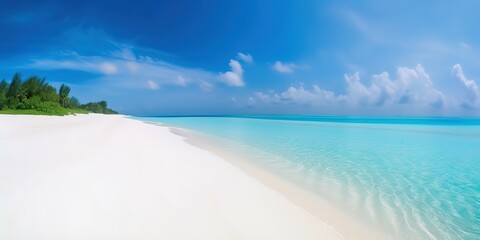 Poster - Summer landscape of the seashore with blue water in the sea on a sunny day.Colorful summer template. Concept of recreation. Generative AI