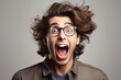Man wearing glasses is screaming, anger, shock, surprise, Caucasian man is shouting, on light grey background, generative ai