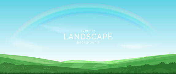 Wall Mural - Summer village landscape. Fields, meadows and hills covered with green grass, a clear blue sky and a rainbow. Flat style. Vector illustration. Design of banners, covers, postcards, invitations.