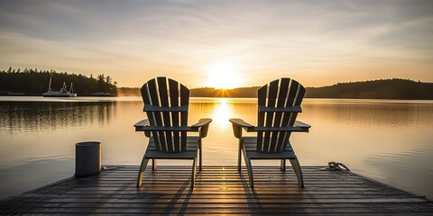 Poster - Chairs for relaxing on the riverbank.Colorful summer template. Concept of recreation. Generative AI