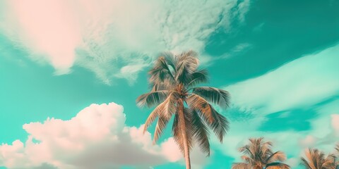 Sticker - Summer landscape of palm trees and sky in retro style.Colorful summer template. Concept of recreation. Generative AI