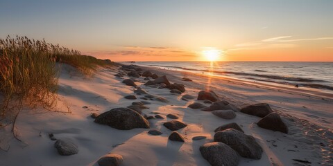 Canvas Print - The sea at sunset with a beach.Colorful summer template. Concept of recreation. Generative AI