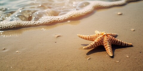 Poster - A starfish on the seashore.Colorful summer template. Concept of recreation. Generative AI