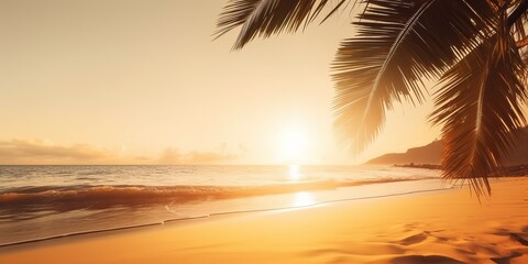 Poster - A beach with palm trees at sunset.Colorful summer template. Concept of recreation. Generative AI