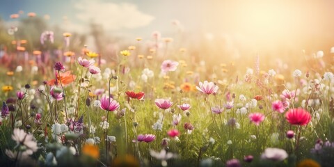 Canvas Print - Summer landscape with wildflowers.Colorful summer template. Concept of recreation. Generative AI