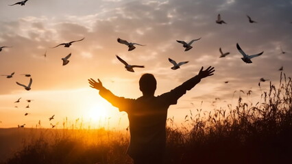 Wall Mural - Man open his arm and free bird enjoying nature on beautiful sunset background with Generative AI.
