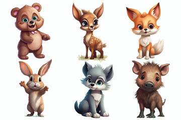 Safari Animal set bear, deer, fox, wolf, hare, wild boar in 3d style. Isolated. Generative AI