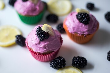 Wall Mural - Closeup of purple cupcakes with blackberries