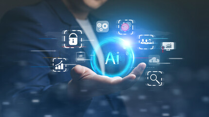 ai technology, artificial intelligence. business people show virtual work management system analysis