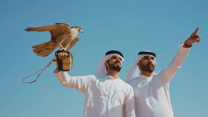 Wall Mural - Falconer training his falcon bird in the desert of Dubai. Locals spending time on the dunes in Sharjah. Concept about traveling in the united arab emirates