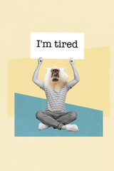 Sticker - Vertical collage metaphor of head man monkey mask tired feel stupid bored overworked person need psychologist isolated on yellow background