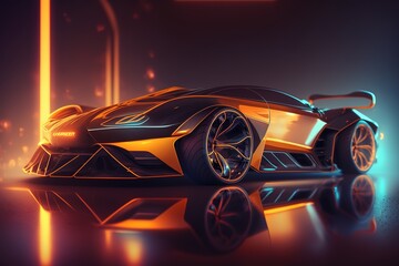 Poster - A high-speed car is driving through the city with a neon glow.Futuristic innovative car. Generative AI