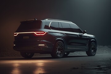 Poster - A modern black car with the headlights on on a black background.Futuristic innovative car. Generative AI