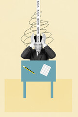 Poster - Vertical collage of overworked man head brains pain occupation no ideas how manage time write business ideas isolated on beige background