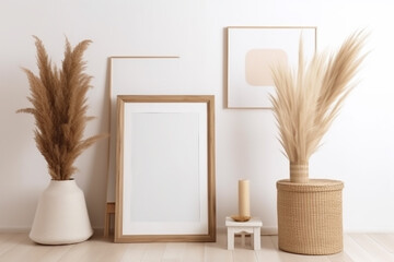 Wall Mural - Picture frame mockup with vase and dry plants on beige wall. Generative ai