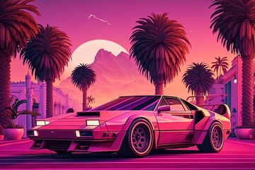 Sticker - Abstraction of a car at sunset with palm trees by the road in pink tones.Futuristic innovative car. Generative AI