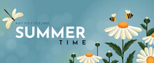Banner Hello Summer With Daisies. Cute Daisies, Bees And Dragonfly. Summer Illustration For Banner, Poster Or Flyer.