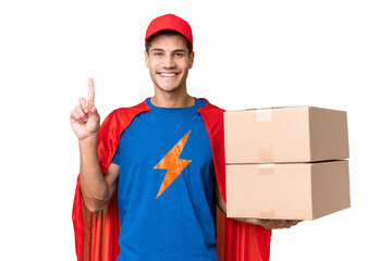 Wall Mural - Super Hero delivery man over isolated background pointing up a great idea