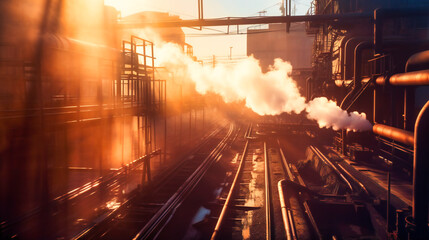 An engaging image of steam rising from steel pipelines and equipment in a bustling industrial zone.