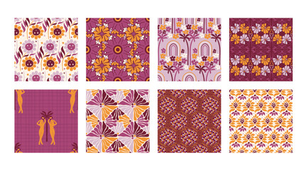 Wall Mural - Seamless Pattern groovy boho collection 70s wall art flowers hippie kawaii 