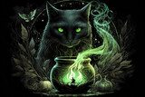 Fototapeta Dinusie - Witch cat brews a potion on a full moon at midnight. The witch is conjuring. AI generation