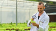 © Prathankarnpap - Smiling male agricultural researcher observing organic vegetable with magnifying glass in industrial greenhouse