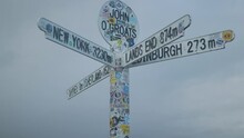 New York, Lands End Miles Sign At John O Groats