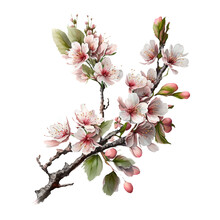 Beautiful Realistic Illustration Of Blooming Branch Of Cherry Tree. White Peach Flowers. Isolated On White Background. Sakura, Cherry, Peach, Apple Blossom. Printing, Designer, Clothes, Icon, Logo
