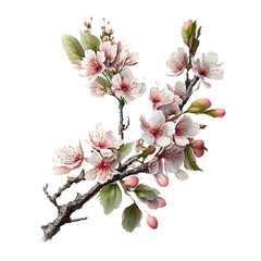 Wall Mural - Beautiful realistic illustration of blooming branch of cherry tree. White peach flowers. Isolated on white background. Sakura, cherry, peach, apple blossom. Printing, designer, clothes, icon, logo