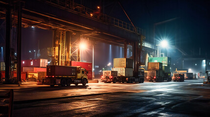 Wall Mural - A dramatic low angle night scene of a container truck amidst the towering containers and vibrant lights of a ship port.