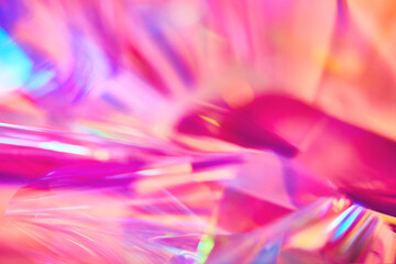Aufkleber - Close-up of ethereal bright neon pink, magenta, orange, blue, purple holographic metallic foil background. Abstract modern curved blurred surreal futuristic disco, rave, techno, festive backdrop