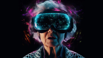 Elderly woman in vr glasses. Generative ai