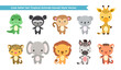 Cute safari set tropical animals kawaii style vector illustration. Cartoon tropical animals leopard, cheetah, giraffe, koala, elephant, lion, tiger, crocodile, zebra, monkey, indri, jaguar, lemur.